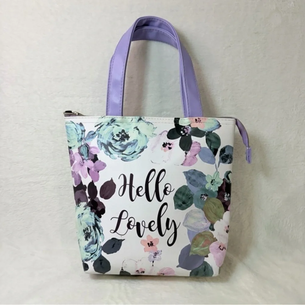 Adrienne Vittadini Hello Lovely Insulated Floral Print Tote Lunch Bag Purple